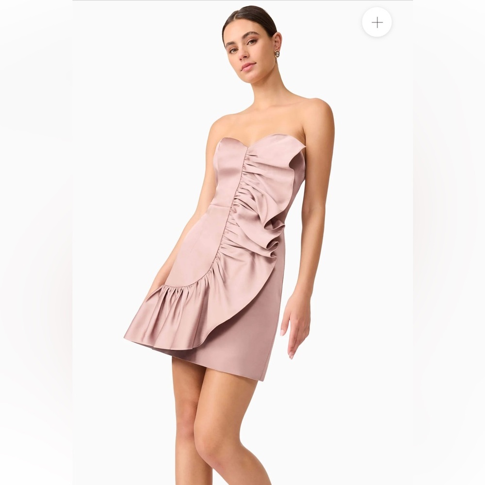 elliatt laura pink bronze strapless ruffle frill detail mini satin dress large